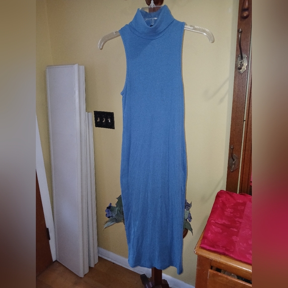 ZARA Ribbed Sleeveless Turtleneck Bodycon Midi Dress Blue Size Small - Picture 2 of 4